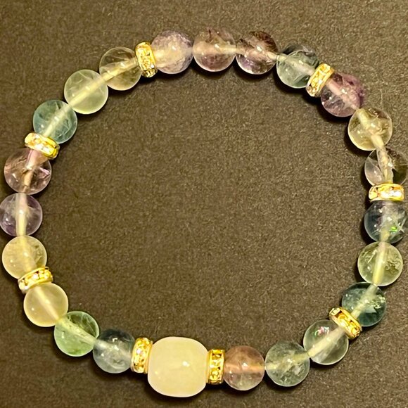 Rainbow Fluorite and White Agate Bracelet with cz Accent Beads - Picture 3 of 3